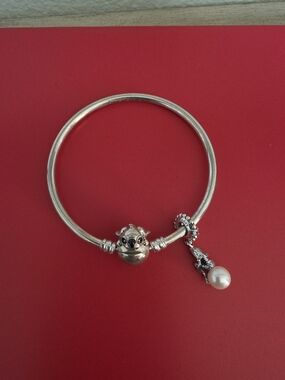 PANDORA Sterling Silver Stitch Bangle w/ Little Mermaid Pearl Drop Silver Charm